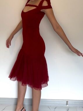 Herve Leger by Max Azria Red Bandage Mesh Cutout Midi Dress XS